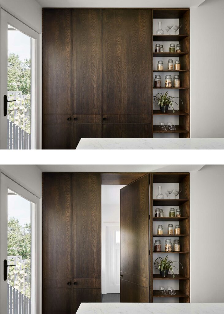 Maike Design concealed timber door through to laundry. Open timber shelves and marble benchtop