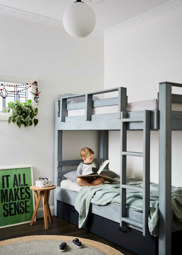 Maike Design children's bedroom. Bunkbed, artwork and toys.