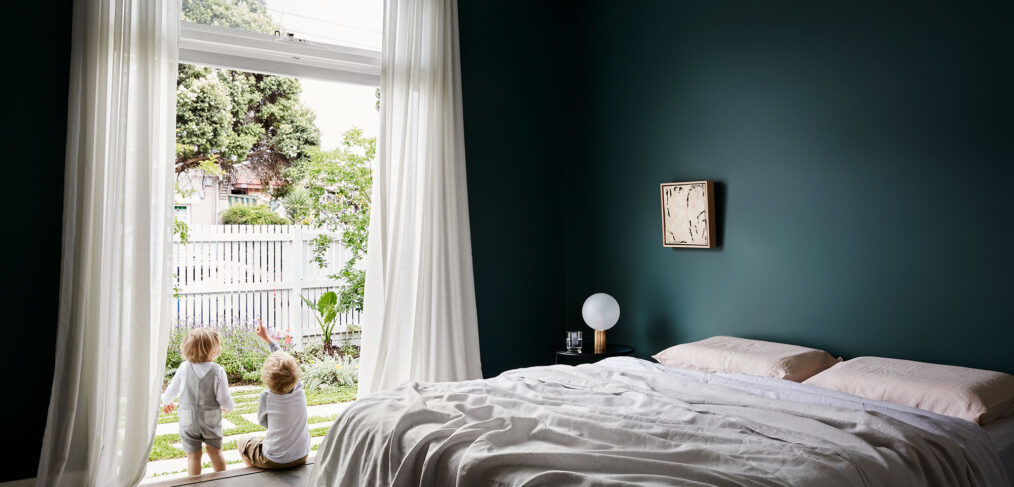 Maike Design single family home multi generational living. Linen sheets and artwork.