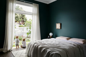 Maike Design single family home multi generational living. Linen sheets and artwork.