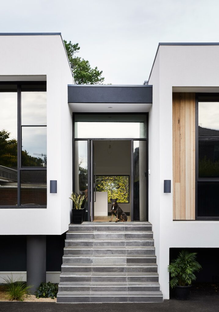 Maike Design Entry. White and timber exterior facade