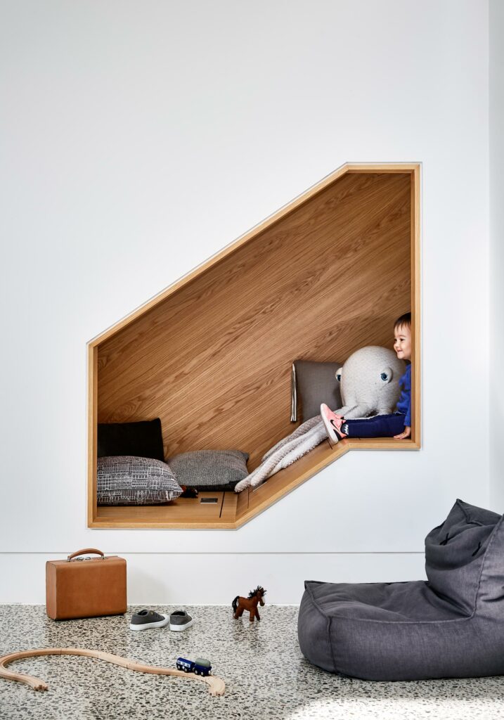 Maike Design play nook. Timber joinery, polished concrete floors. Fun design.